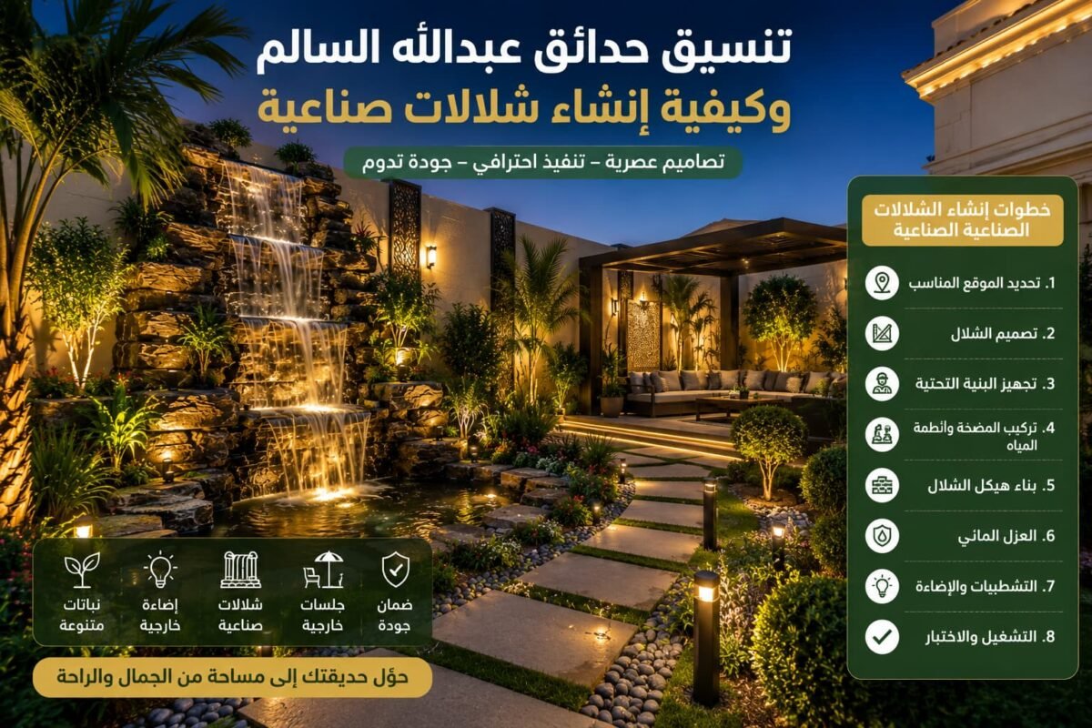 تنسيق حدائق عبدالله السالم مع شلال صناعي مضاء