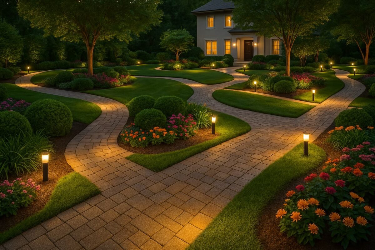 تصميم ممرات حدائق بالكويت حديقة منزلية بممرات متعددة مضاءة ليلاً