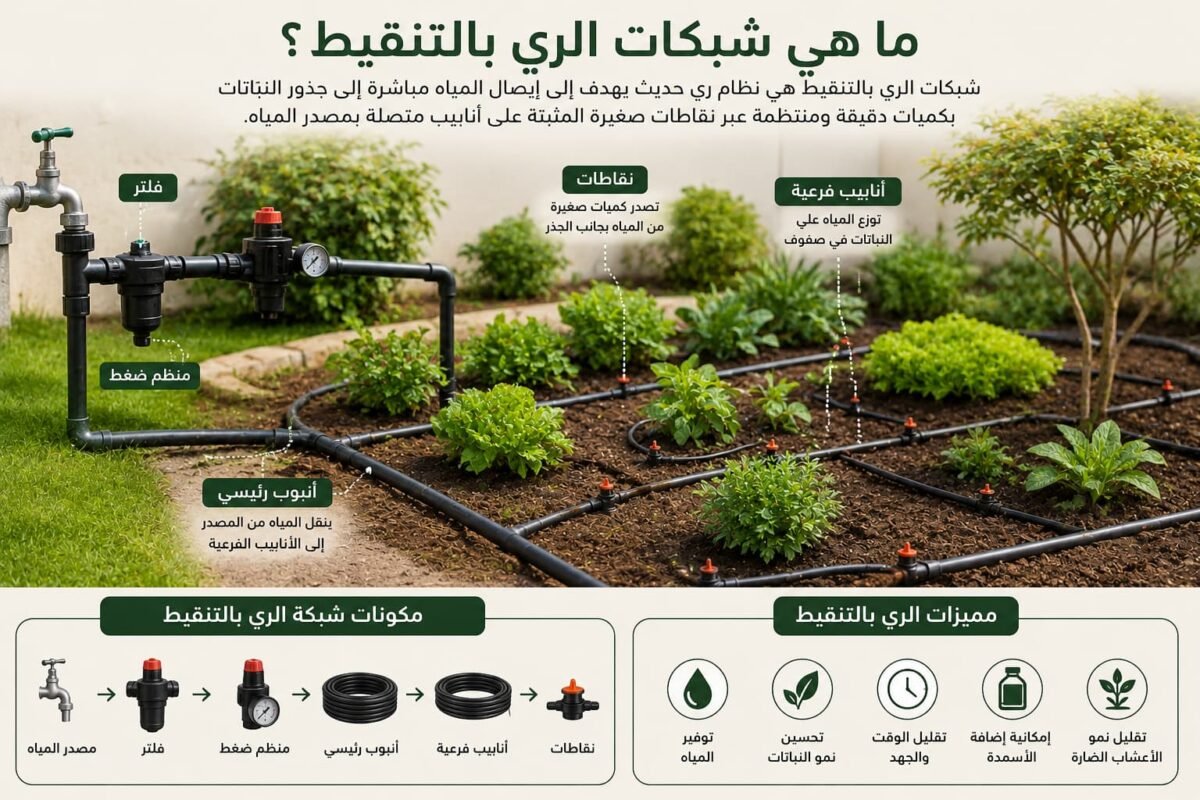شرح شبكات الري بالتنقيط داخل حديقة منزلية