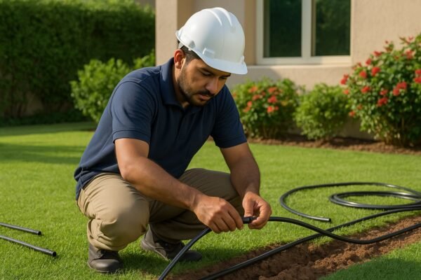 مهندس يركب أنابيب شبكة ري بالتنقيط في حديقة منزلية