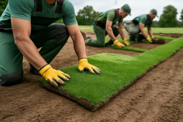 عمال يقومون بتركيب الثيل الطبيعي في حديقة