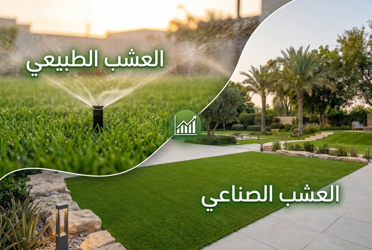 مقارنة مرئية بين العشب الطبيعي بنظام ري وعشب صناعي في حديقة منزلية تحت إضاءة الغروب