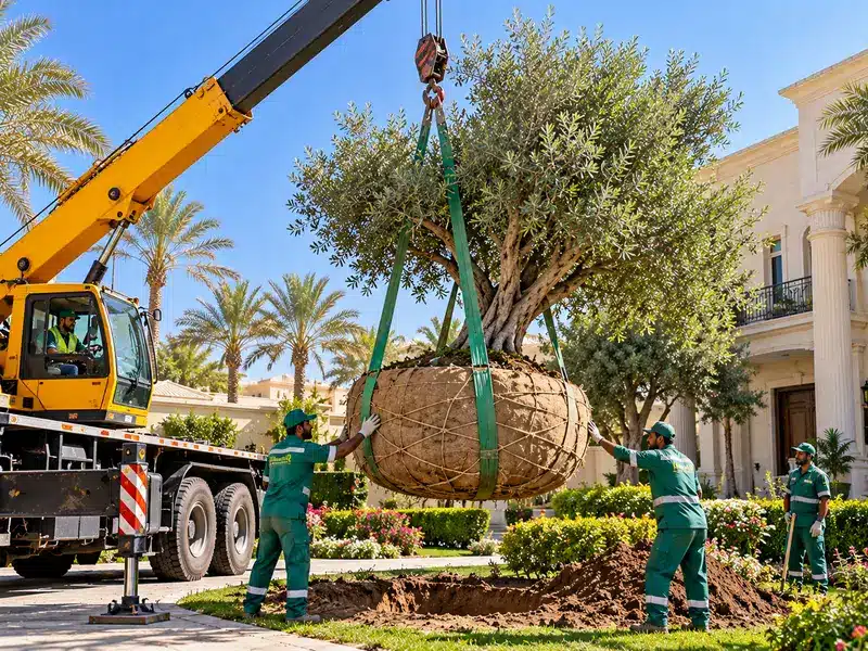 رافعة ترفع شجرة كبيرة من كتلتها الترابية الملفوفة بالخيش أثناء نقلها إلى موقع جديد، بأحزمة عريضة تحمي الجذع