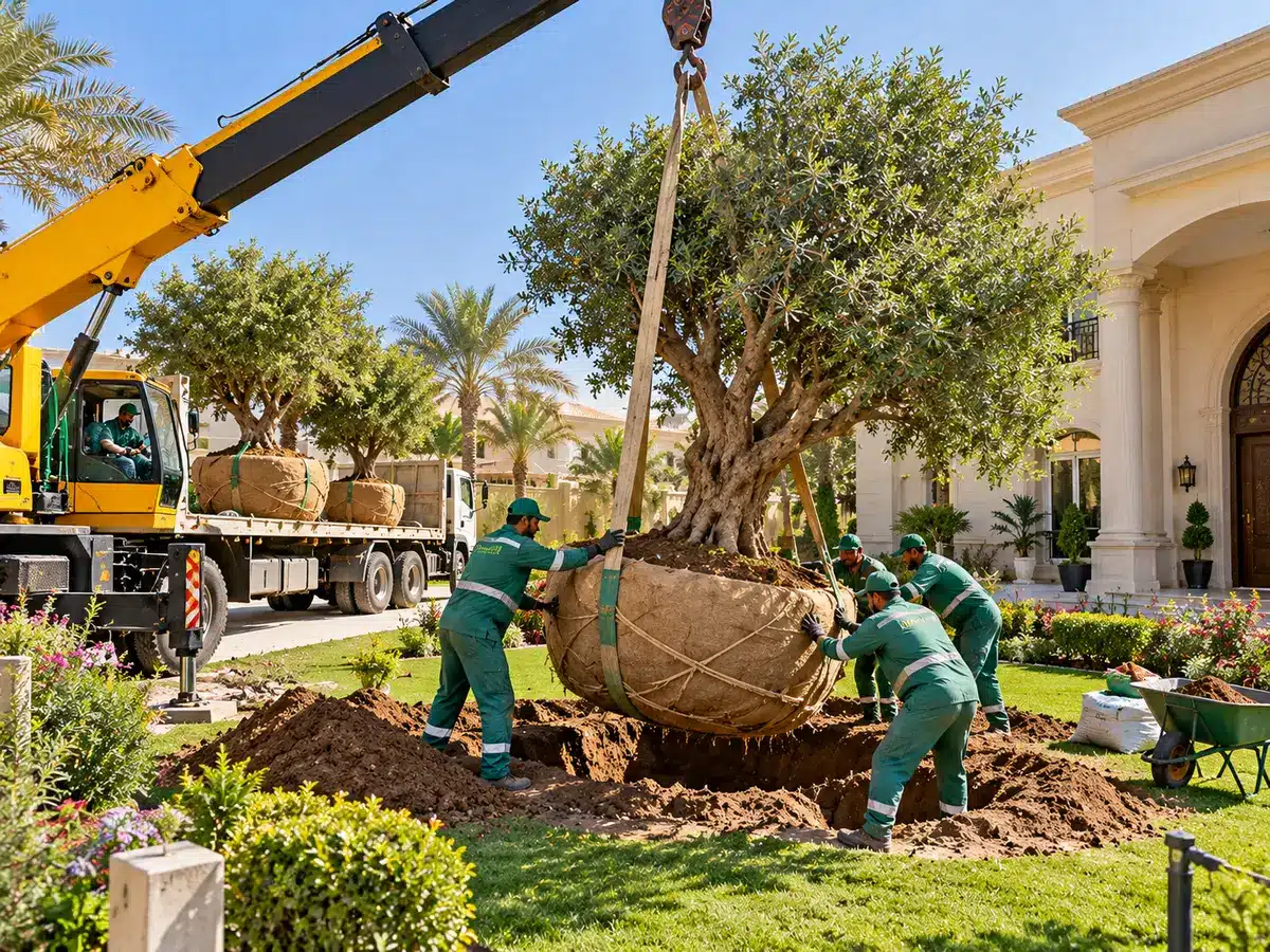 نقل الأشجار الكبيرة وزراعتها مكتملة النمو في حديقة فيلا بالكويت، رافعة تنزل شجرة بكتلة جذور مغلفة في حفرة مجهزة